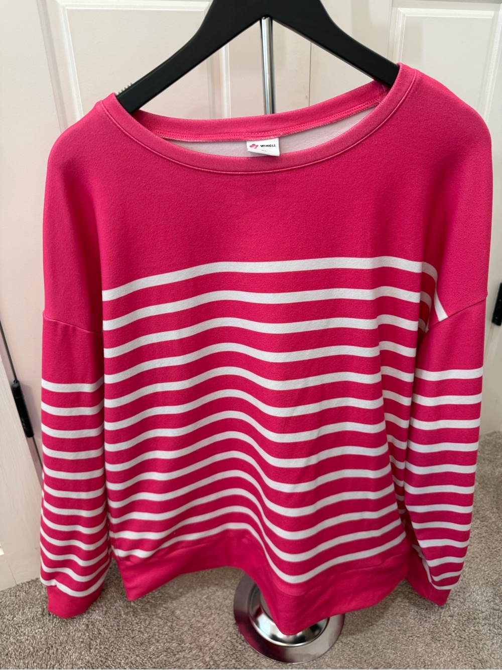 Striped Hot Pink and White Pullover Sweatshirt